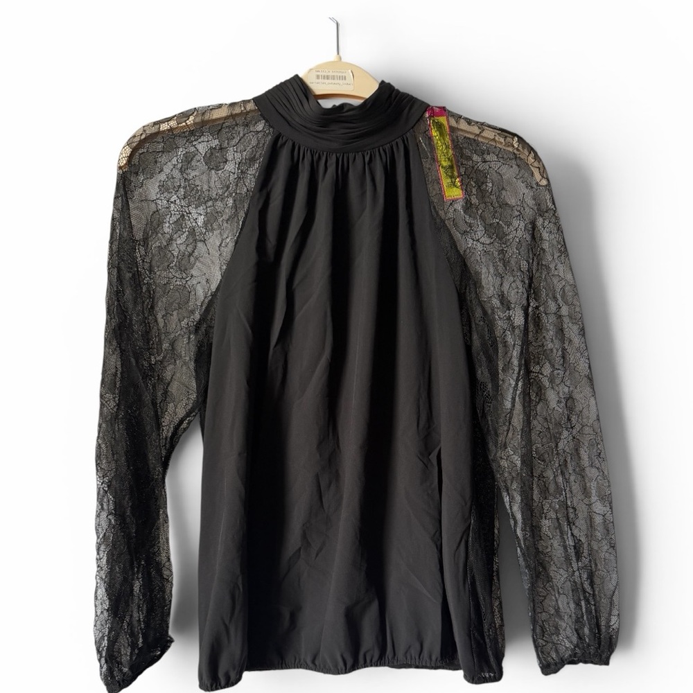 Sheer Black Lace Long Sleeve High Neck Top Vintage y2k Size 8 Whimsigoth - Picture 2 of 9